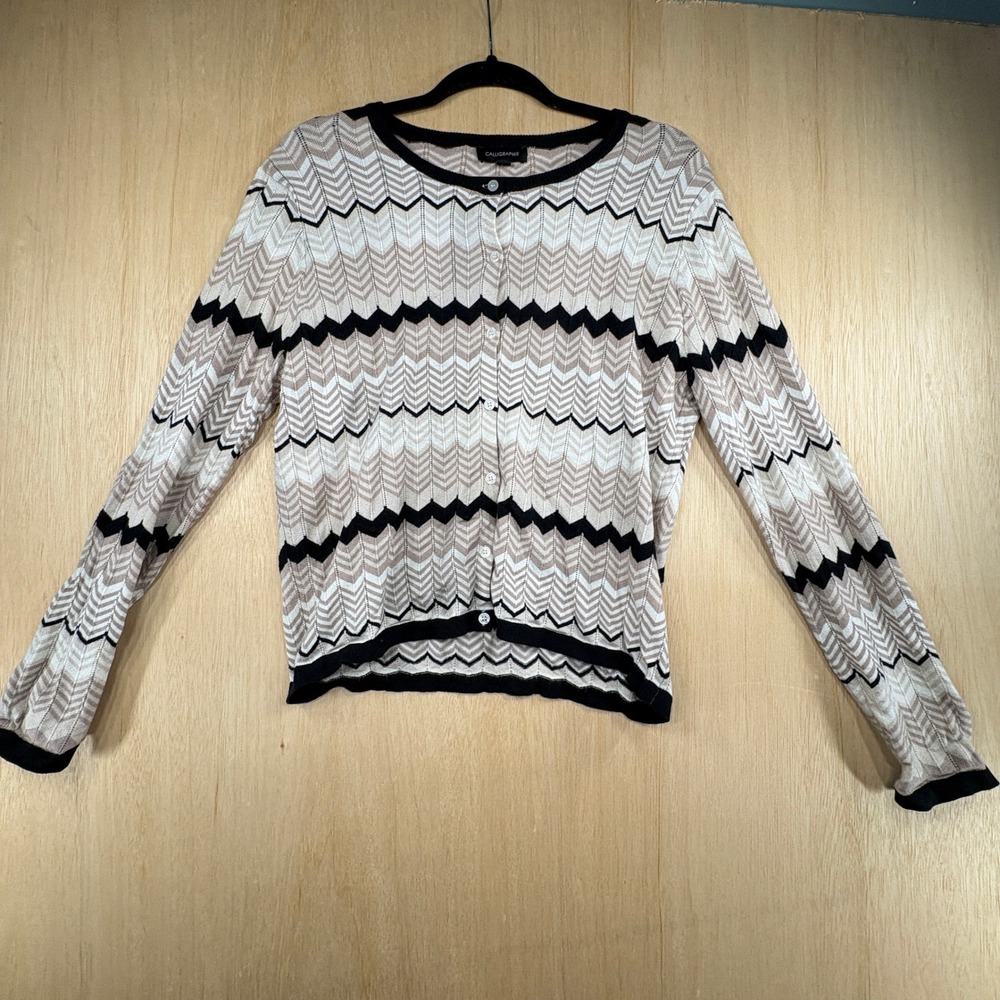 Calligraphie Womens Chevron Zigzag Knit Cardigan Beige Black Size Large L